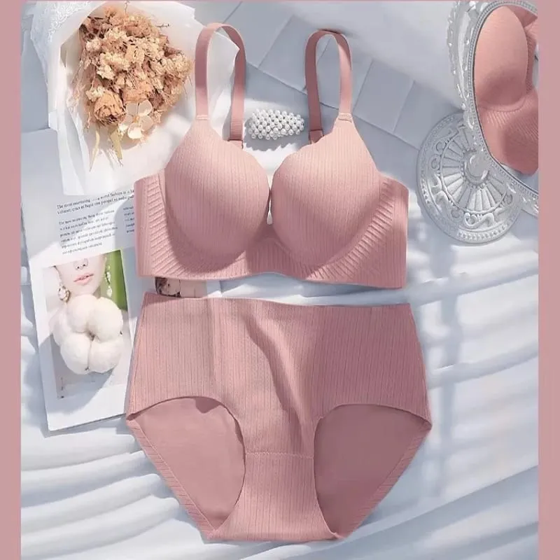 Luxury Thick Padded Wirefree Bra Set Women Seamless Solid Gathering Lingerie Comfort Push Up Support Designed for Smaller Bust