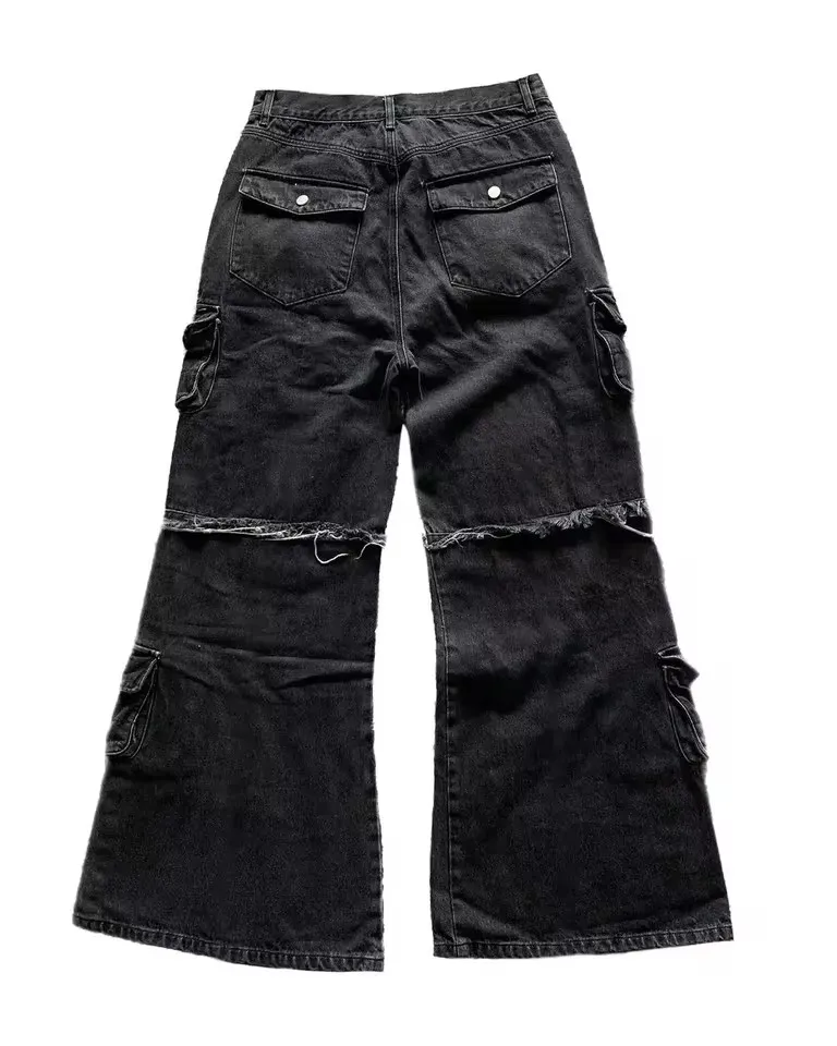 Y2K Black Multi Pocket Cargo Jeans Men Women Wide Leg Distressed Frayed Hem Flap Pockets Button Detail Baggy Streetwear Trousers