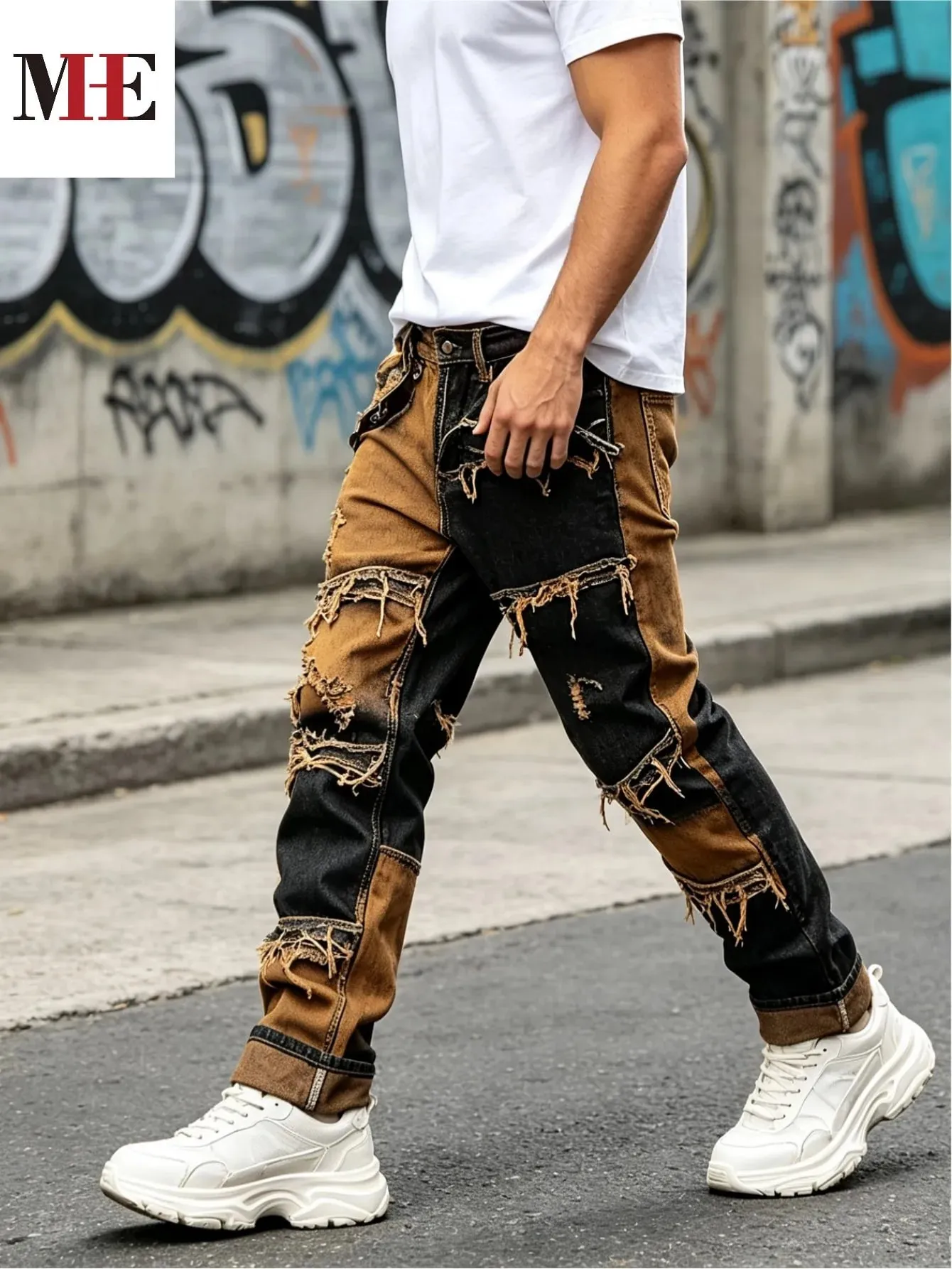 【HME】Men's Jeans | Straight‑Fit Deconstructed Denim Pants vintage Mud‑Wash Two‑Color Spliced Denim Trousers Exposed Frayed Tassel Seams Classic Five‑Pocket Construction Durable Fabric Fashion Men Casual Pants