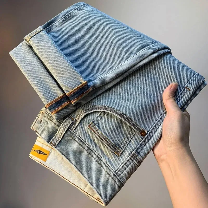 Light blue slim straight jeans for men men's casual denim pants that are thin breathable elastic and versatile for a stylish