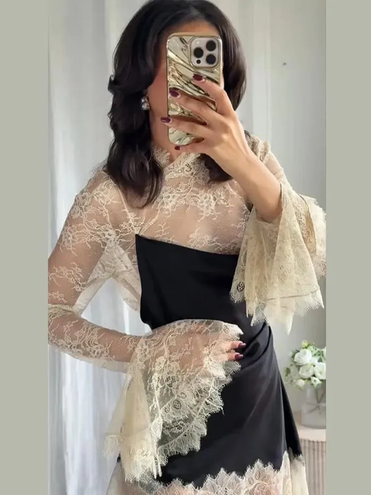 Elegant Women's Lace Trim Satin Dress High Neck Bell Sleeve Vintage Black Party Clubwear Chic Cocktail Mini Dresses Chic Outfit