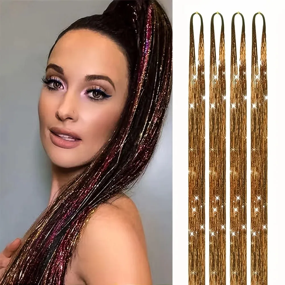 4 Packs 22inch Fairy Tinsel Hair Extensions Kit for Women Holographic Synthetic Hair Extension for Quick Hair Color Change