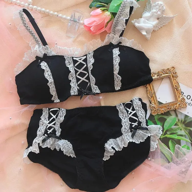 Lolita Girl biustonosze Retro Kawaii pokojówka koronkowa seksowna pokojówka Bowknot bielizna bezprzewodowy biustonosz i zestaw majtek stringi bielizna Bralette Set