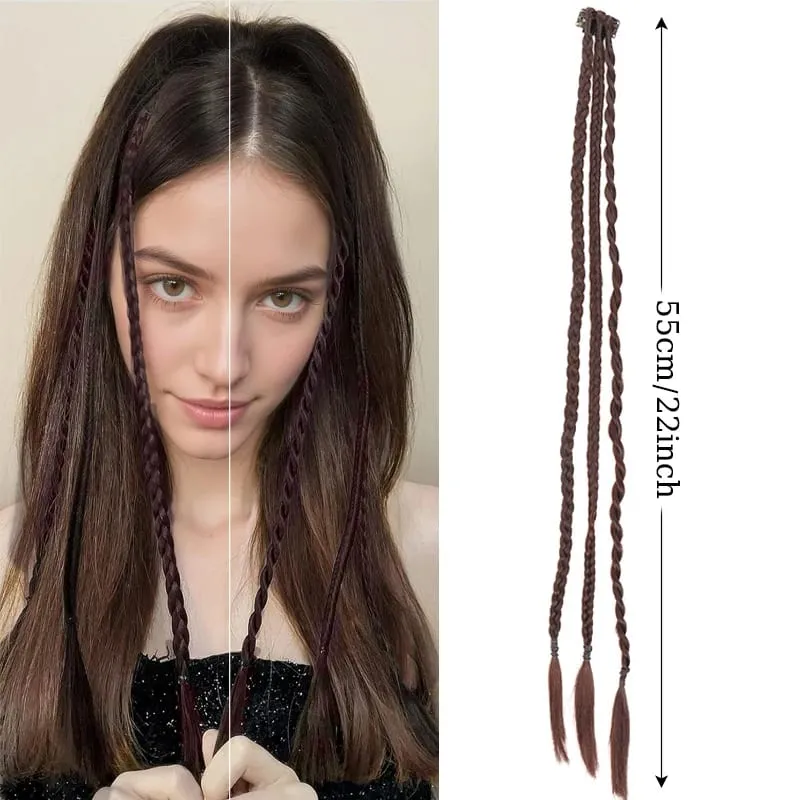 1Pc Clip in Braid Hair Extensions Wig 22inch Synthetic Braided Hairpiece 3 Braids on One Clip for Women Daily Costume Party Use