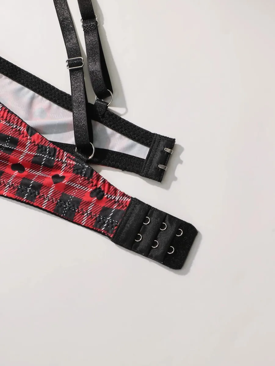 Women Plaid Heart Print Lingerie Set Lace Spaghetti Strap Bra And Panty Set Soft Comfortable Ladies Intimate Sleep Underwear Set