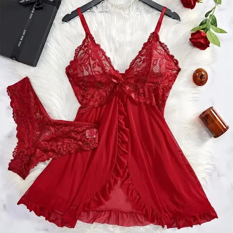 Tulle Suspenders Exquisite Women's Lencerias Lace V-Neck Underwear Semi-transparent Thong Dress Set Females Lingerie Nightgowns