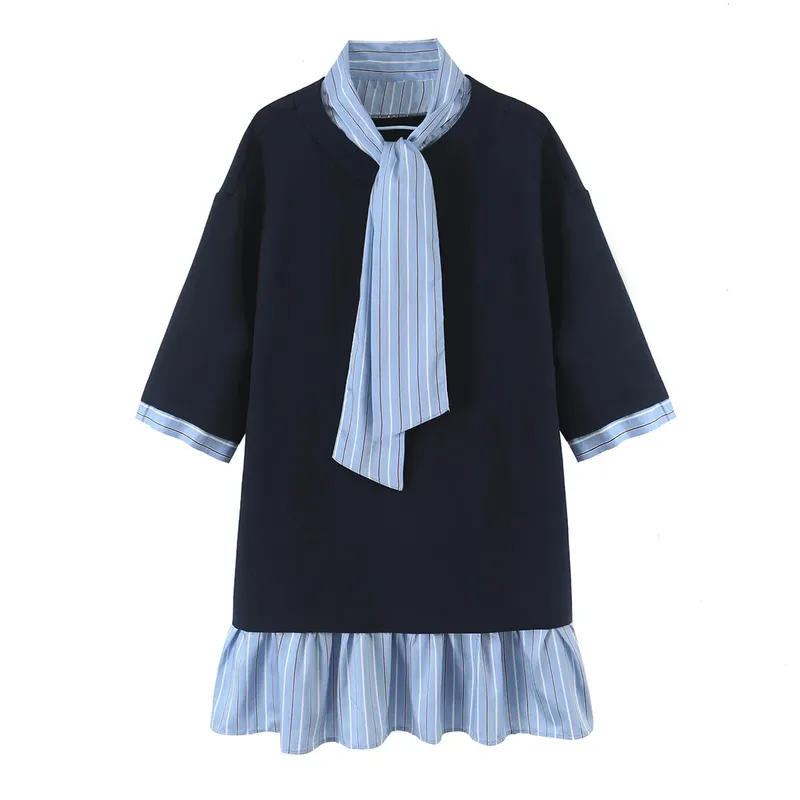 Ladies Contrast Stripe Spliced Casual Short Dress Bow Tie Neck Half Sleeve Ruffled Hem Loose Fit Commuter Dresses
