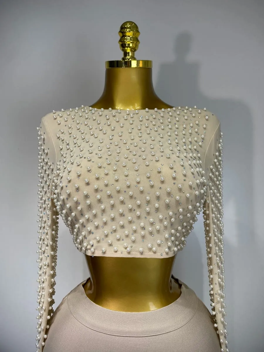 Women Sexy Long Sleeve Mesh Pearl Top Celebrity Midi Women Bandage Set 2025 Designer Evening Party Luxury Birthday Two Piece Set