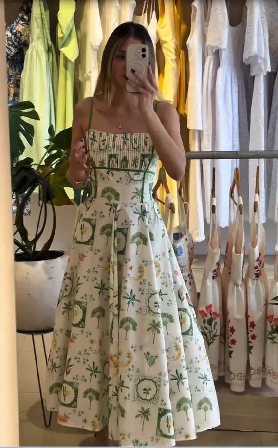 Women Chic Printed Gathered Large Swing Dress Sexy Sleeveless High Waist Slim Fit Sling Dresses 2026 New Lady Party Club Gowns