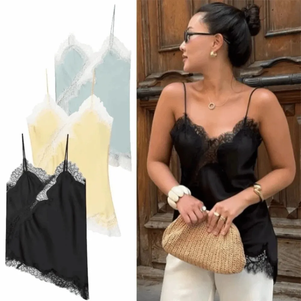 Elegant Asymmetrical Lace Lace Patchwork Top Sleeveless Backless Camisole Tops V Neck Sexy Lace Women tank top Summer Wear