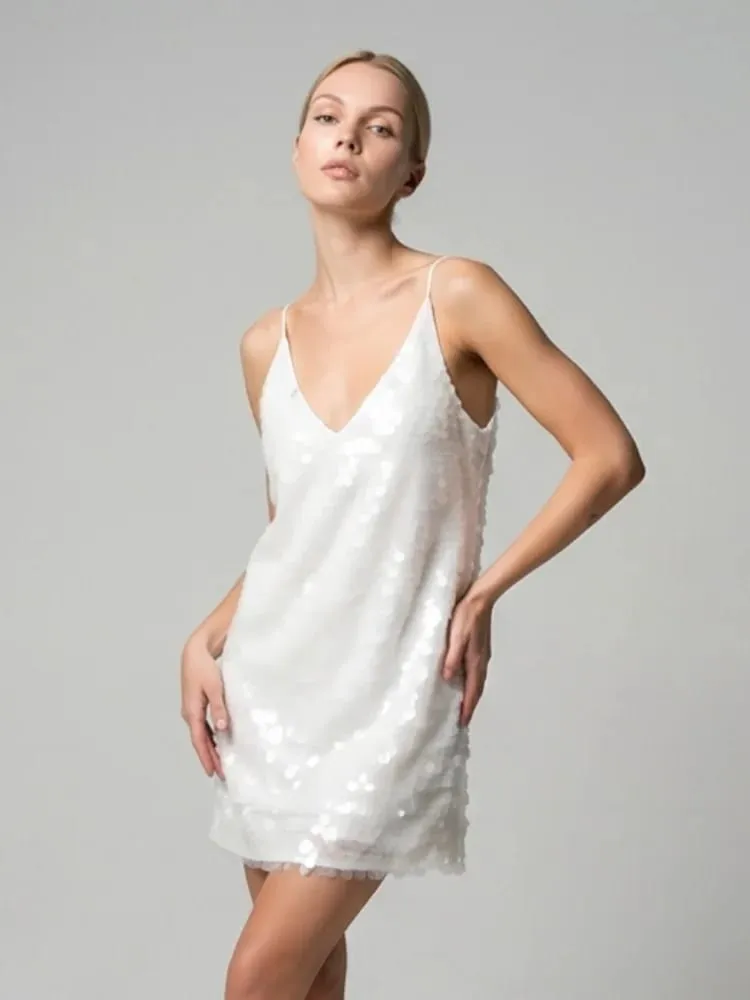 2026 Women White Sequins Mini Dress Sexy Deep V-neck Spaghetti Strap Loose Vestido New Fashion Summer Club Party Evening Dresses