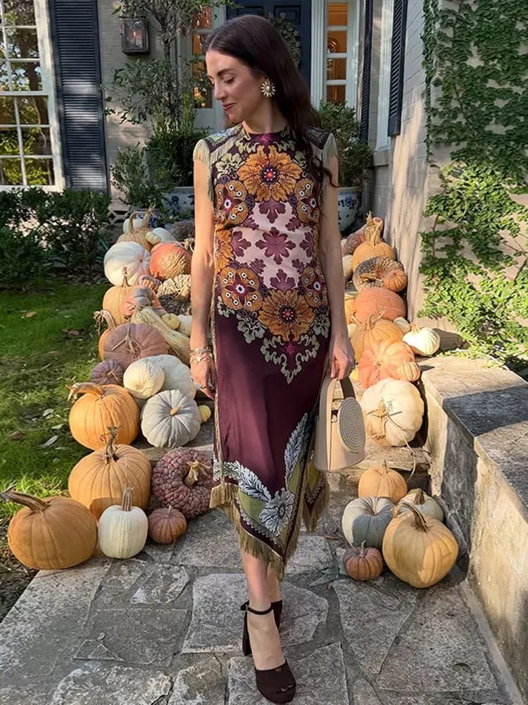 Elegant Printed Women's Tassel Dress Fringed Sleeveless Slim Irregular Party Evening Dresses 2026 Spring Summer Lady Vestidos