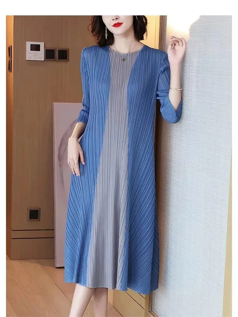 Hermosos vestidos de noche Miyake, vestido plisado para mujer, vestido sencillo a la moda con contraste elástico, suelto, manga corta, vestido con lazo en la cintura — image 2