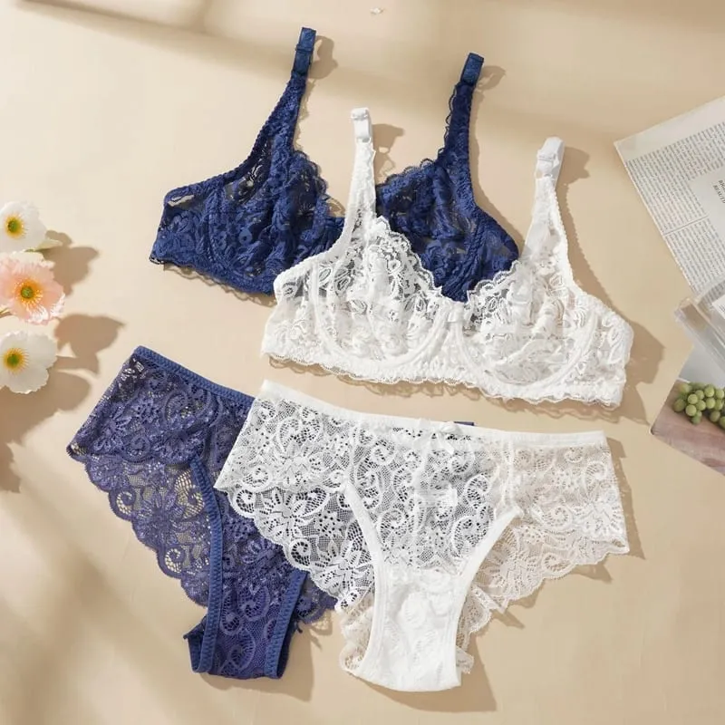 Women's Sexy Lace Thin Bras Suit Non-pad Exquisite Push-up Bra Solid Breathable Underwire G-String Panties Underwear Set — image 1
