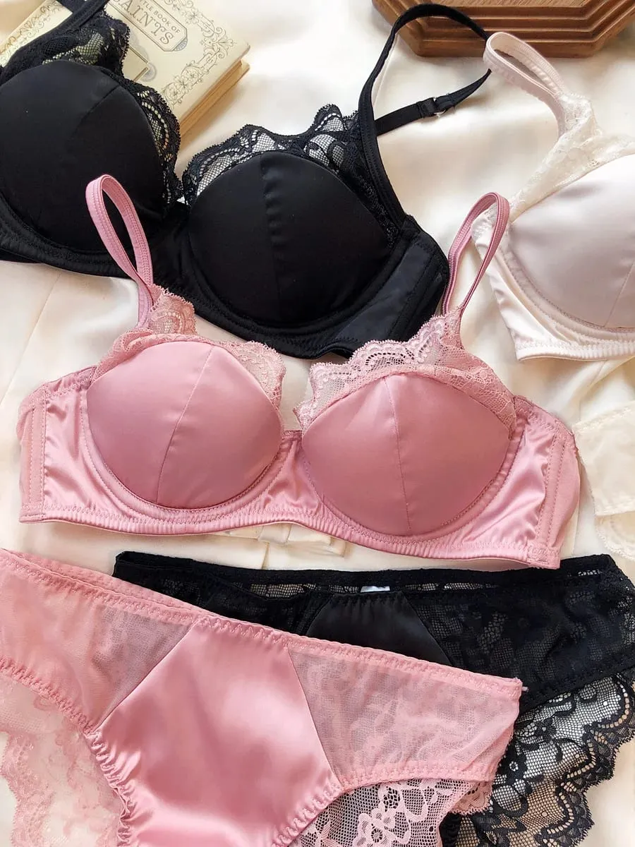 High Quality Satin Women Lingerie Set French Sexy Lace Push Up Bra Summer Thin Cup Comfort Intimates Underwear Bra Briefs Set