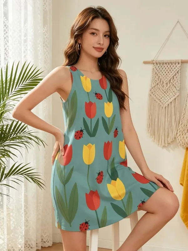 Womens Floral Sleeveless A Line Mini Dress Round Neck Vacation Dress for Resort Photos Cafe Date and Everyday Wear Comfort