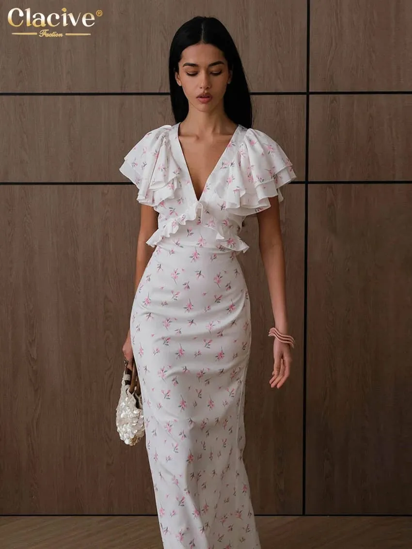 Clacive Abito da donna con stampa allentata sexy 2026 Abito estivo con scollo a V a maniche corte alla caviglia Abiti eleganti classici con volant Abito femminile