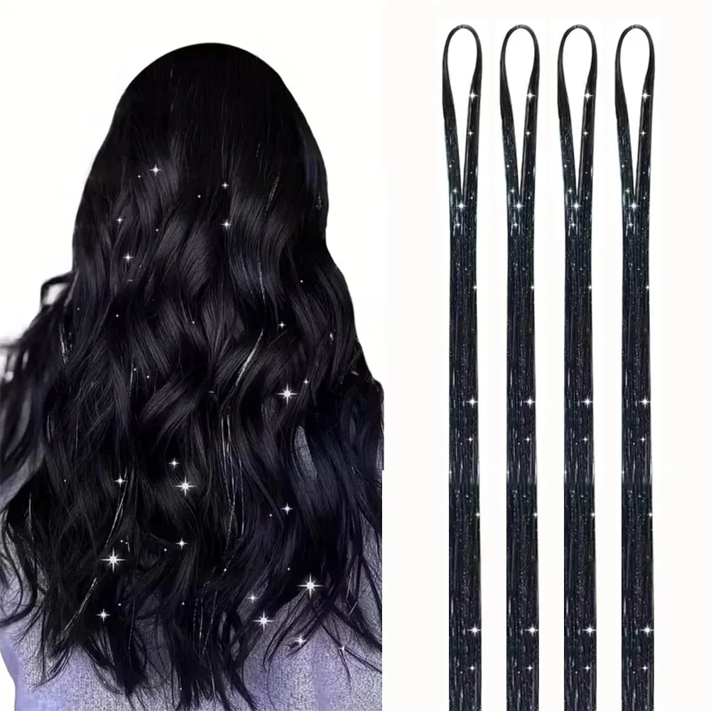 4 Packs 22inch Fairy Tinsel Hair Extensions Kit for Women Holographic Synthetic Hair Extension for Quick Hair Color Change
