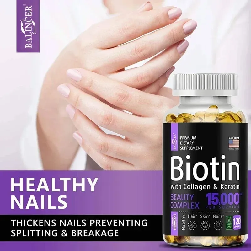 Biotin Capsules 15 000 MCG - Increase Healthier Shinier Hair Skin & Nails- 30 To 120 Capsules with Biotin Collagen A & B