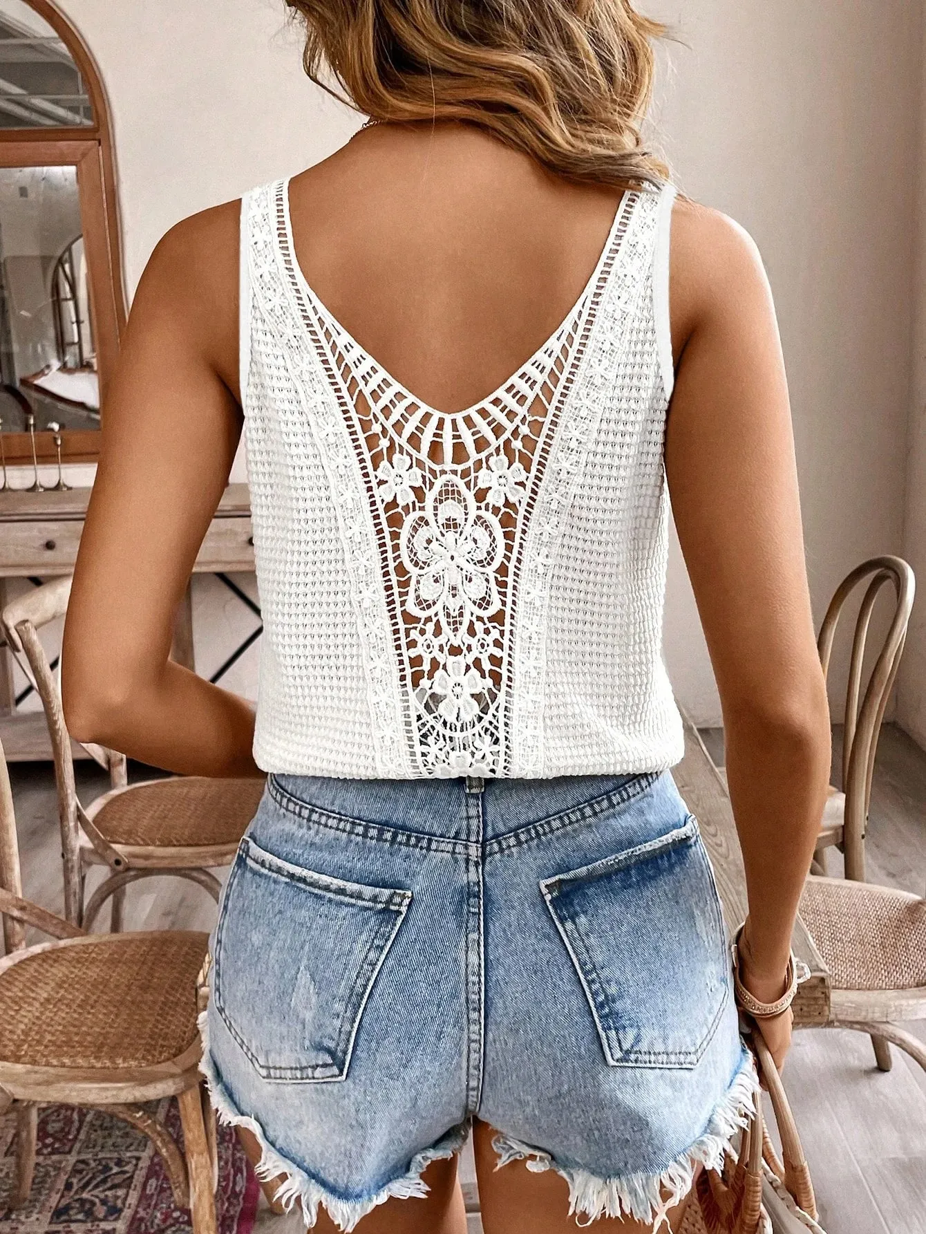 Summer Camisole Tank Top Women V Neck Sleeveless Crochet Lace Back Hollow Solid Loose Casual Vacation beach Vest