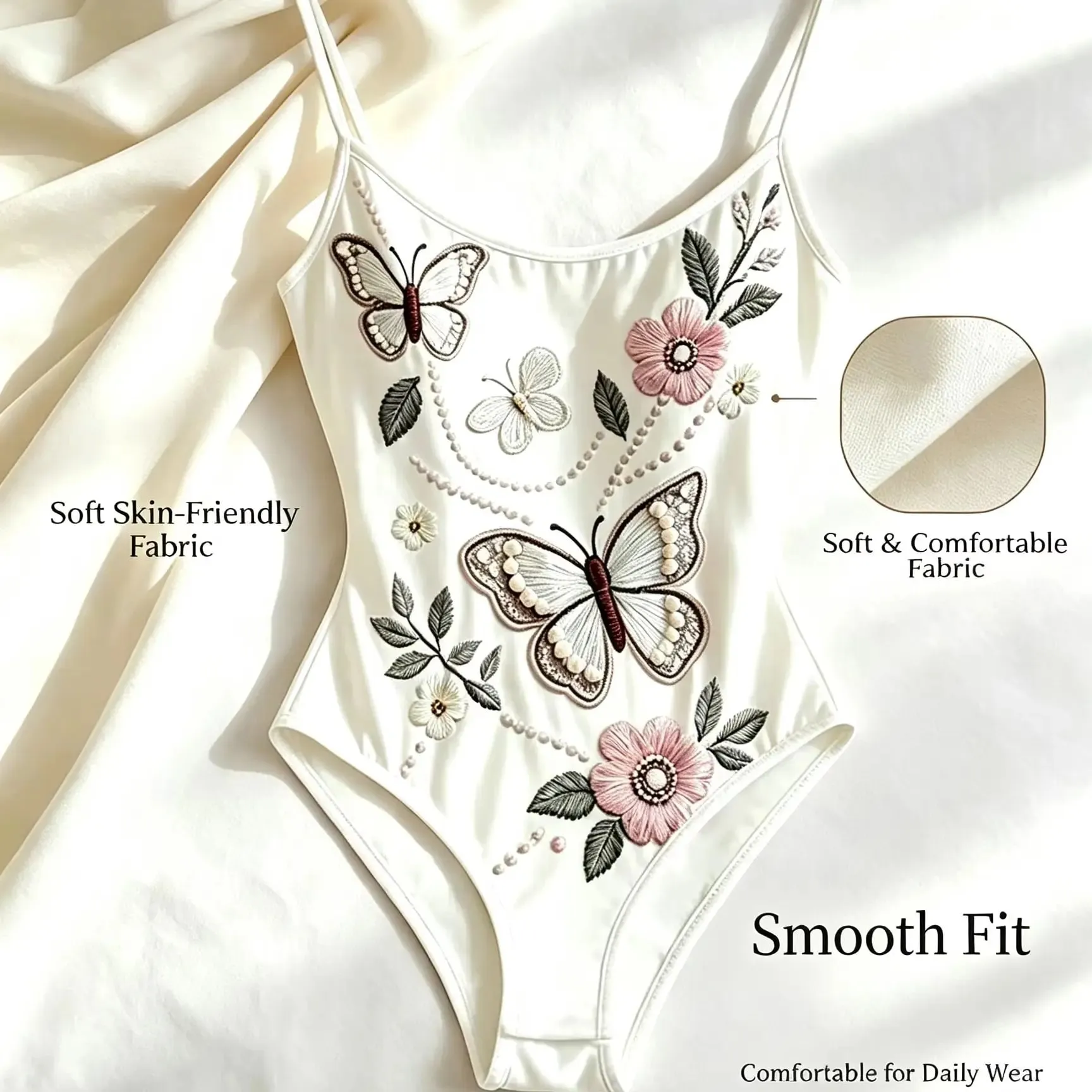 Elegant Butterfly Floral Embroidery Bodysuit Women Spaghetti Strap Slim High‑Cut One‑Piece Bodycon Jumpsuit