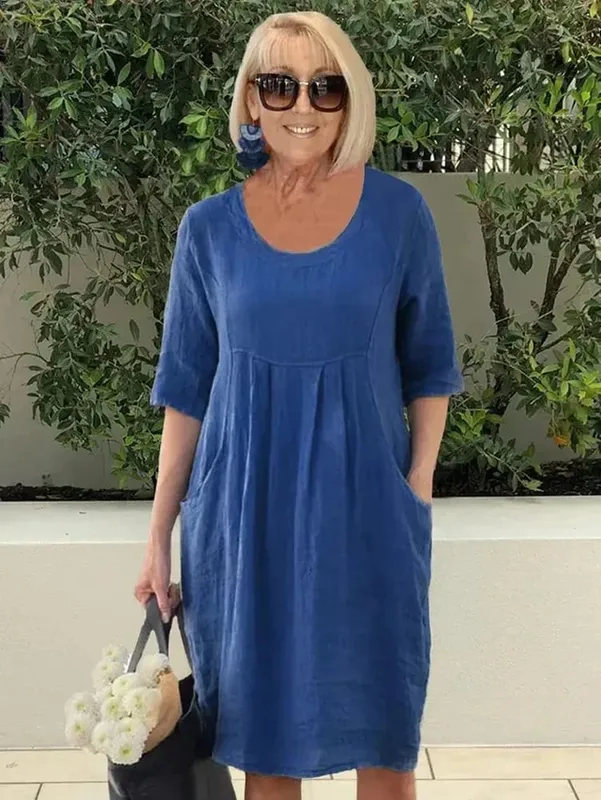 Plus Size 1XL-5XL Women's Loose-Fit Cotton-Linen Pocket Summer Round-Neck Short-Sleeve Dress and Beach Party Dress