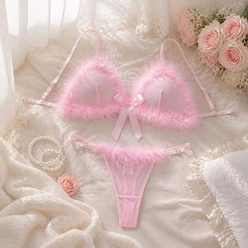 Furry Women's Underwear Mesh Transparent Bow Decor Lingerie Set Romantic Intimate Wireless Bra Panties Suit Christmas