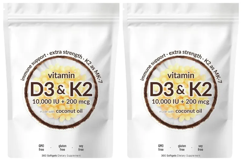 Vitamin D3 K2 Softgels with MK-7 10000 IU Vitamin D3 200mcg K2 Soy Free Gluten Free Daily Nutrition Supplement 300 Softgels
