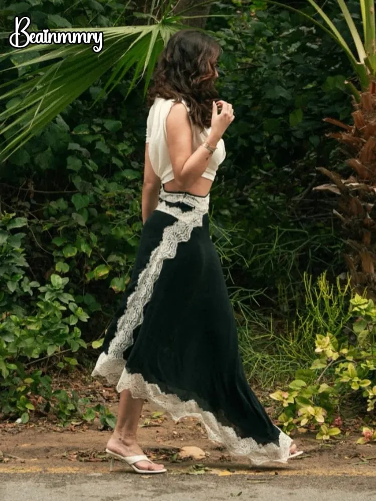 Lace Patchwork Cut Out Short-sleeve Twisted Tee Dress Color Block Gathered Lace Panel Maxi Dresses Women's Chic Daily Outfit