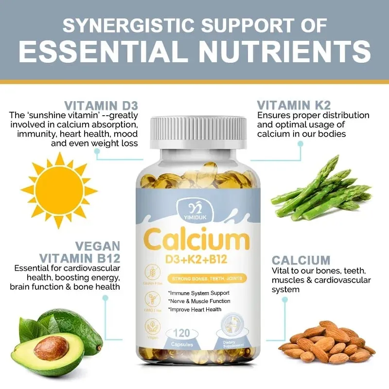 Premium Calcium D3 K2 B12 Capsules Supports Bones & Teeth Calcium Absorption Nerve Health Muscle Function & Vitality