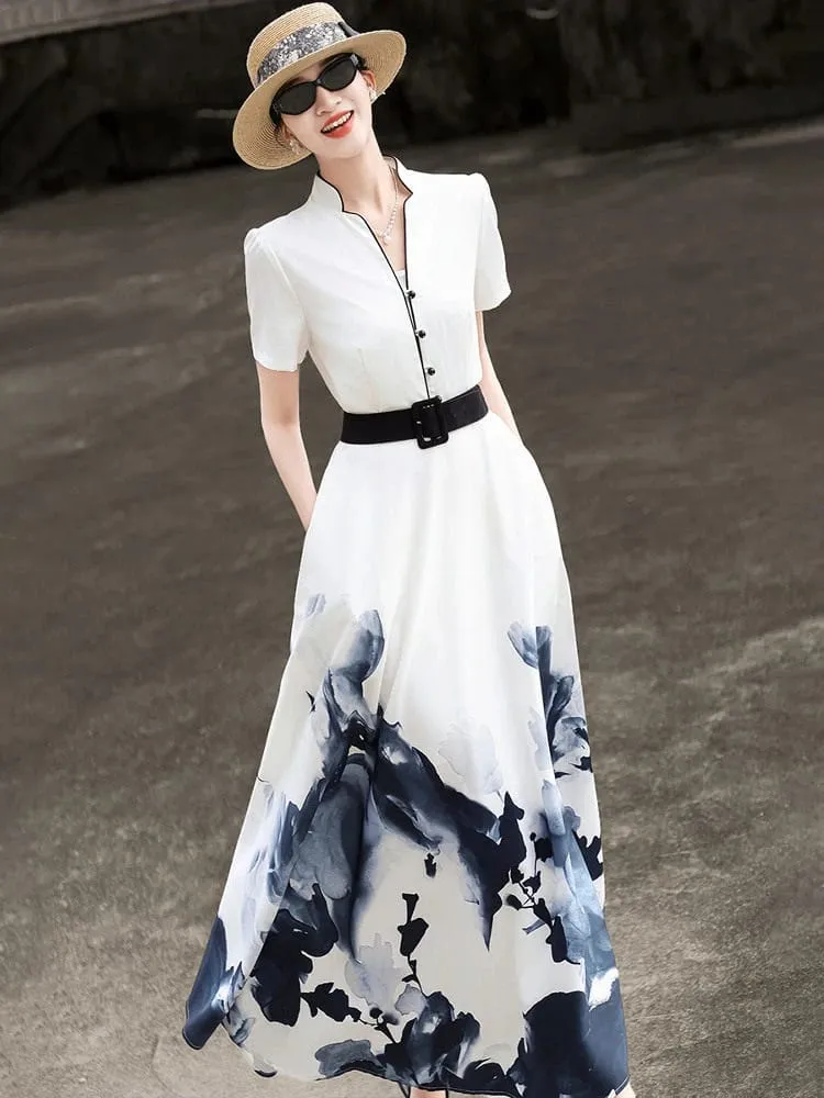 2026 Summer New Chinese Style Ink Painting Print Waist Cinched Swing Dress