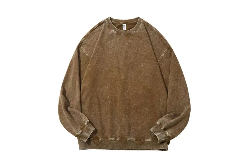 Extra-Large 100% Pure Cotton 350g Round-Neck Hoodie Washed-Out Retro Wax-Printed Snowflake Crewneck Sweater Casual Distressed