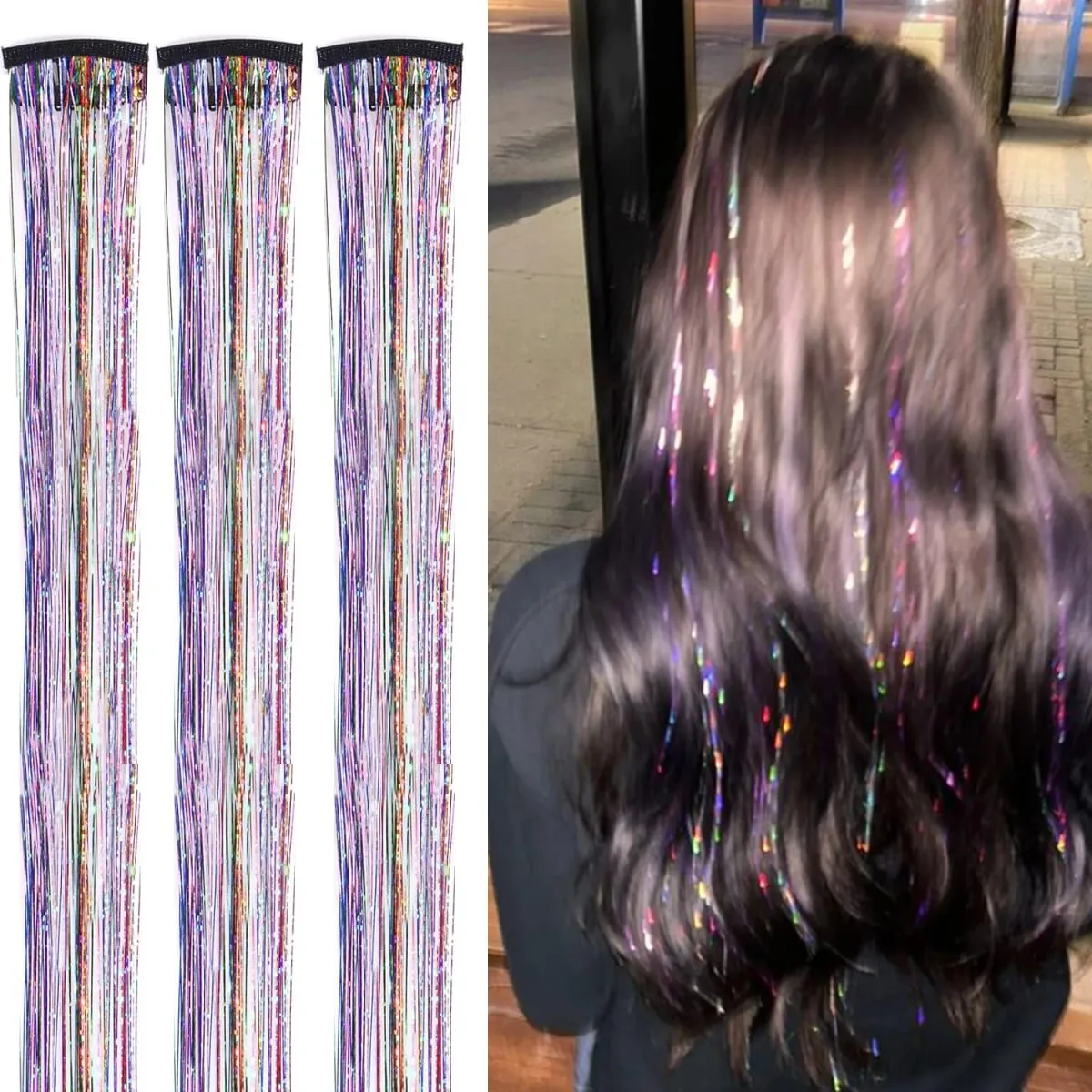 Hair Tinsel Clip in Dreamy Colorful Fairy Hair Tinsel Kit 24 Inch Glitter Clip in Hair Extensions for Girls Women Synthetic