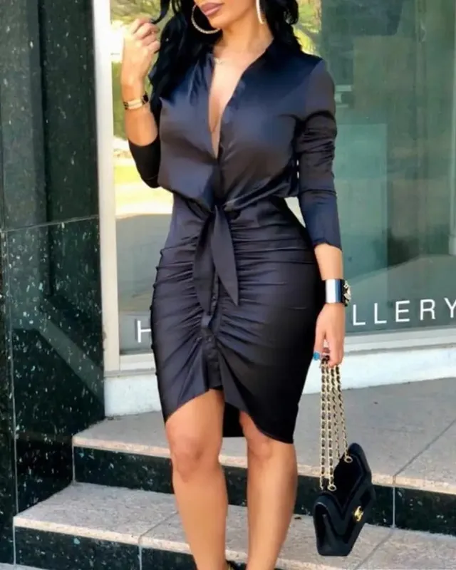 Kadın Uzun Kollu V Yaka Midi Elbise Dantelli Bodycon Gömlek Elbise Bel Kravatlı Asimetrik Etek Parti Kulübü Akşam Giyim için