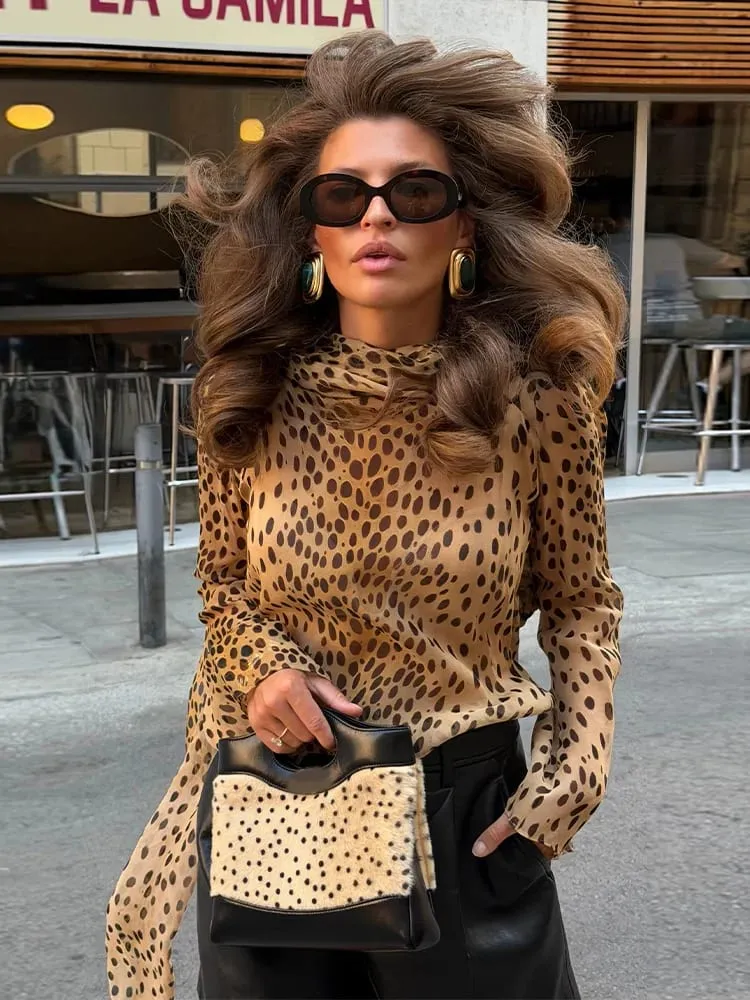 Sexy Leopard Printed Women Dress Long Sleeve See Through Hanging Neck Ribbon Lady Dresses 2026 Summer Autumn Chic Female Robe