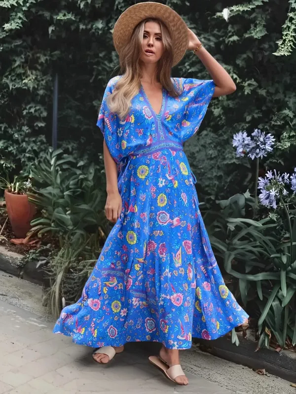 Boho Queens Wanita Merak Bunga Cetak Lengan Kelawar Pantai Bohemian Maxi Gaun Wanita V Leher Rumbai Gaun Musim Panas Vestidos
