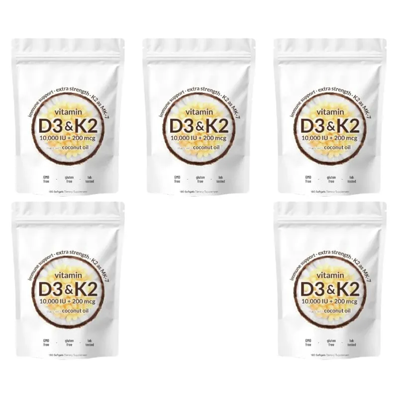 Vitamin D3 K2 Softgels with MK-7 and Coconut Oil 10 000 IU + 200 Mcg Adult Bone and Immune Wellness Support 180 Mini Softgels