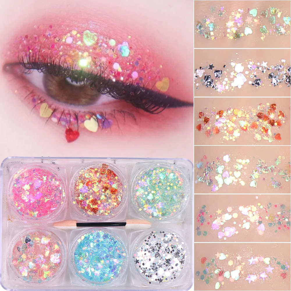 6Jar/set Holographic Body Glitter Gel Chunky Face Eye Heart Star Shaped Sparkle Glitter Sequins Makeup Nail Festival Party Decor