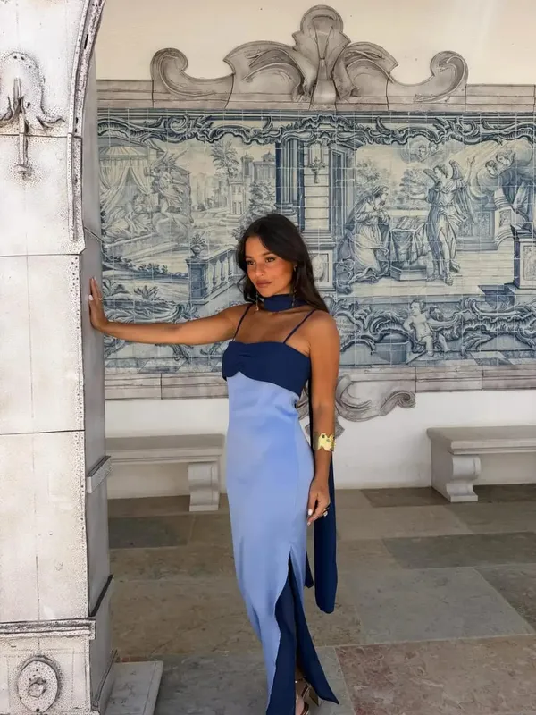 Fashion Contrasting Sling Dress Women Square Neck Sleeveless High Waist Slim Maxi Dress With Scarf 2026 Summer Lady Party Robe