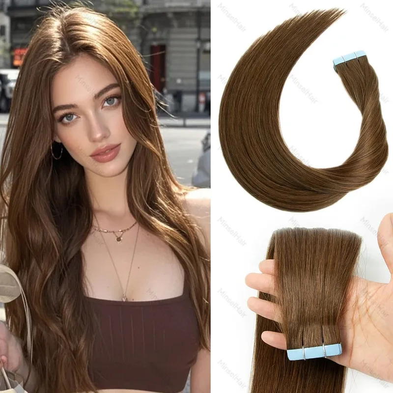 Brown Russian Tape in Hair Extension Real Human Hair Cuticle Aligned Premium Remy Adhesive Europen Tape Ins 14-22inch 20-60pcs