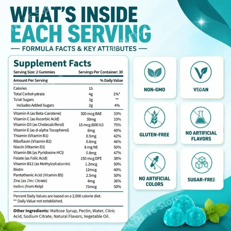Kids Multivitamin Gummies Vitamin D3 C Zinc B Vitamins Immune Support Daily Wellness Nutrition Fruit Flavor 60 Gummies