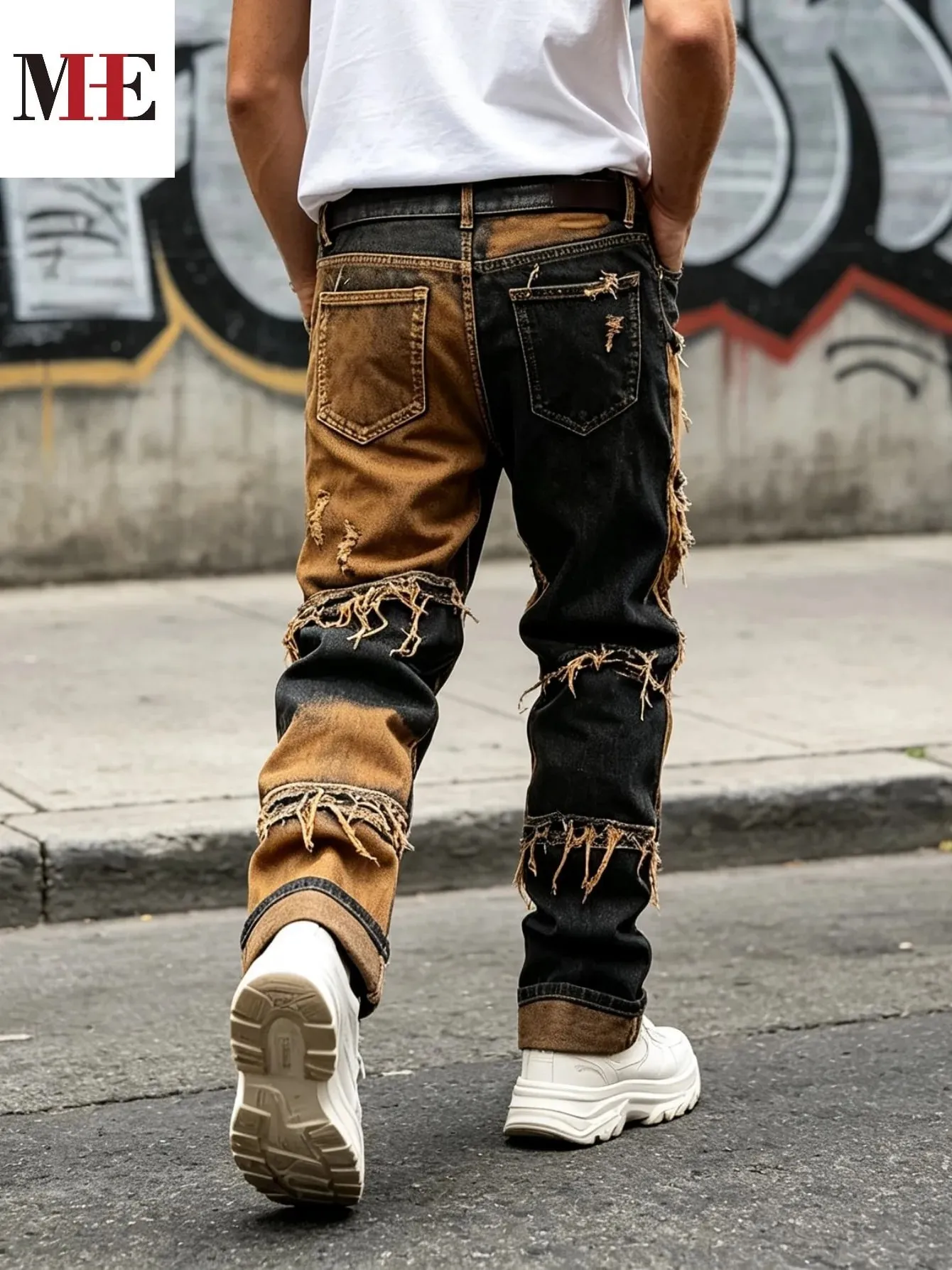 【HME】Men's Jeans | Straight‑Fit Deconstructed Denim Pants vintage Mud‑Wash Two‑Color Spliced Denim Trousers Exposed Frayed Tassel Seams Classic Five‑Pocket Construction Durable Fabric Fashion Men Casual Pants