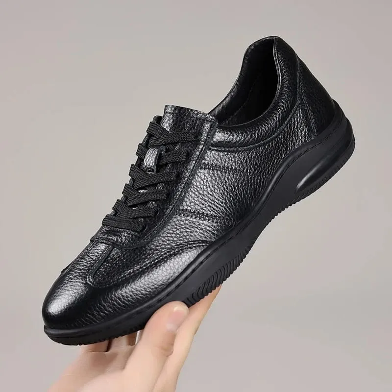 Mens All Black Genuine Leather Casual Sneakers Low Top Lace Up Comfortable Shoes For Business Daily Street Style Fashion Simple