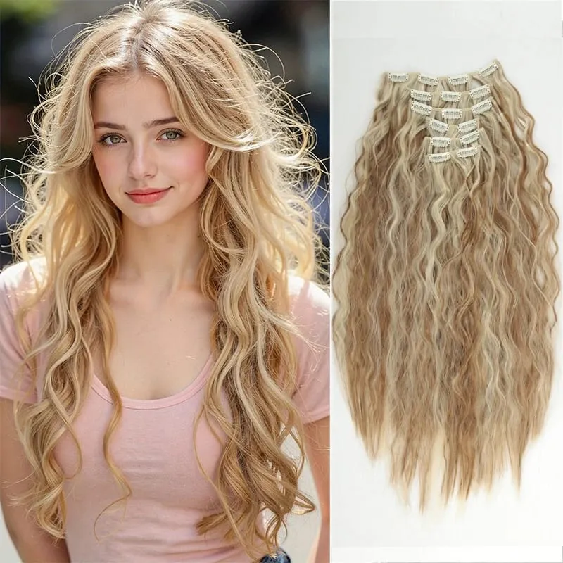 24 Inches 16 Clip Black Natural Daily Long Curly Hair Extensions Seven-Piece Set For Women