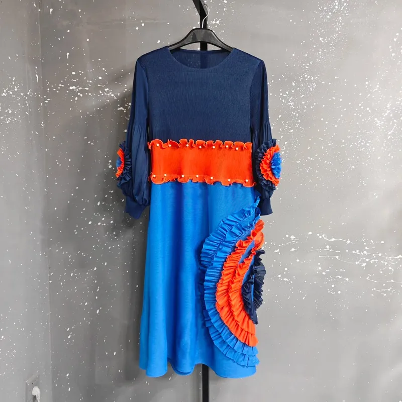 Pleated Tie Flower Long Sleeve Women's Dress Chic New Loose Colorblock Patchwork Design Beading Famale Clothing 2DB6651