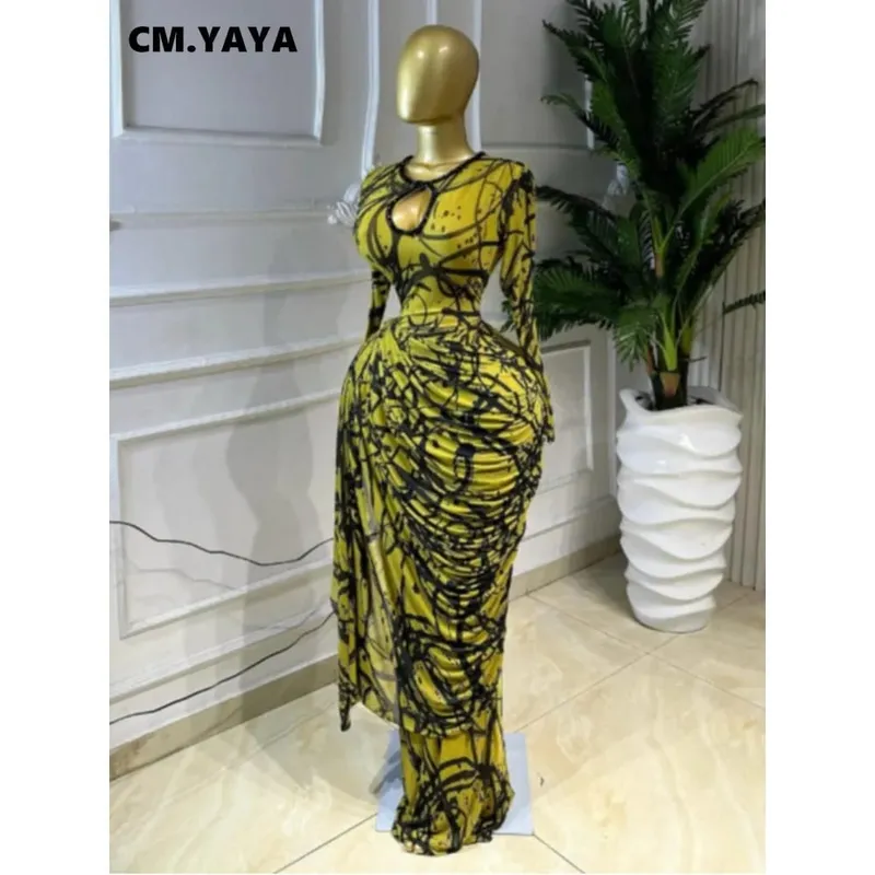 CM.YAYA Women Striped Print Ribbon Ruched Long Sleeve Bodycon Maxi Long Dress 2026 Sexy Birthday Party Education Trendy Dresses