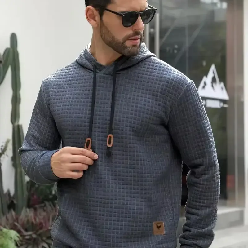 Men's Autumn Winter Jacquard Plaid Hoodie Long Sleeve Casual Pullover Fitness Running Sports Hooded Jacket Activewear Sweatshirt