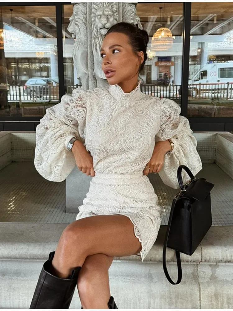 Lady Trendy Hollow Out Lace Mini Dress Elegant 2025 New Long Sleeve Designs Chic High Neck Short Vestidos Autumn Club Night Gown