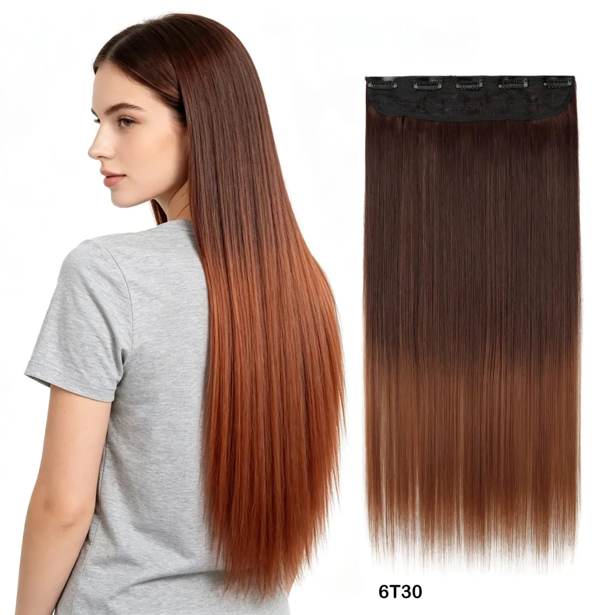 One Piece 5 Clips Long Straight Synthetic Clip In Hair Extension Ombre Gradient Color Hairpiece For Daily Party