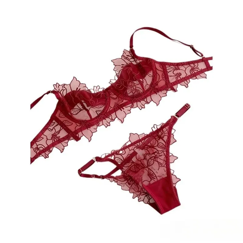 Set reggiseno imbottito con busto piccolo | Set di biancheria intima in pizzo ricamato e rete con morbido ferretto, comoda demi cup, mutandine sexy Tushy in PP